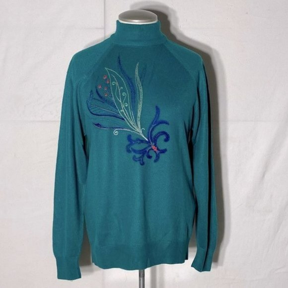 VINTAGE St Michael Green Embroidered Mock  Neck Sweater M - Picture 1 of 11